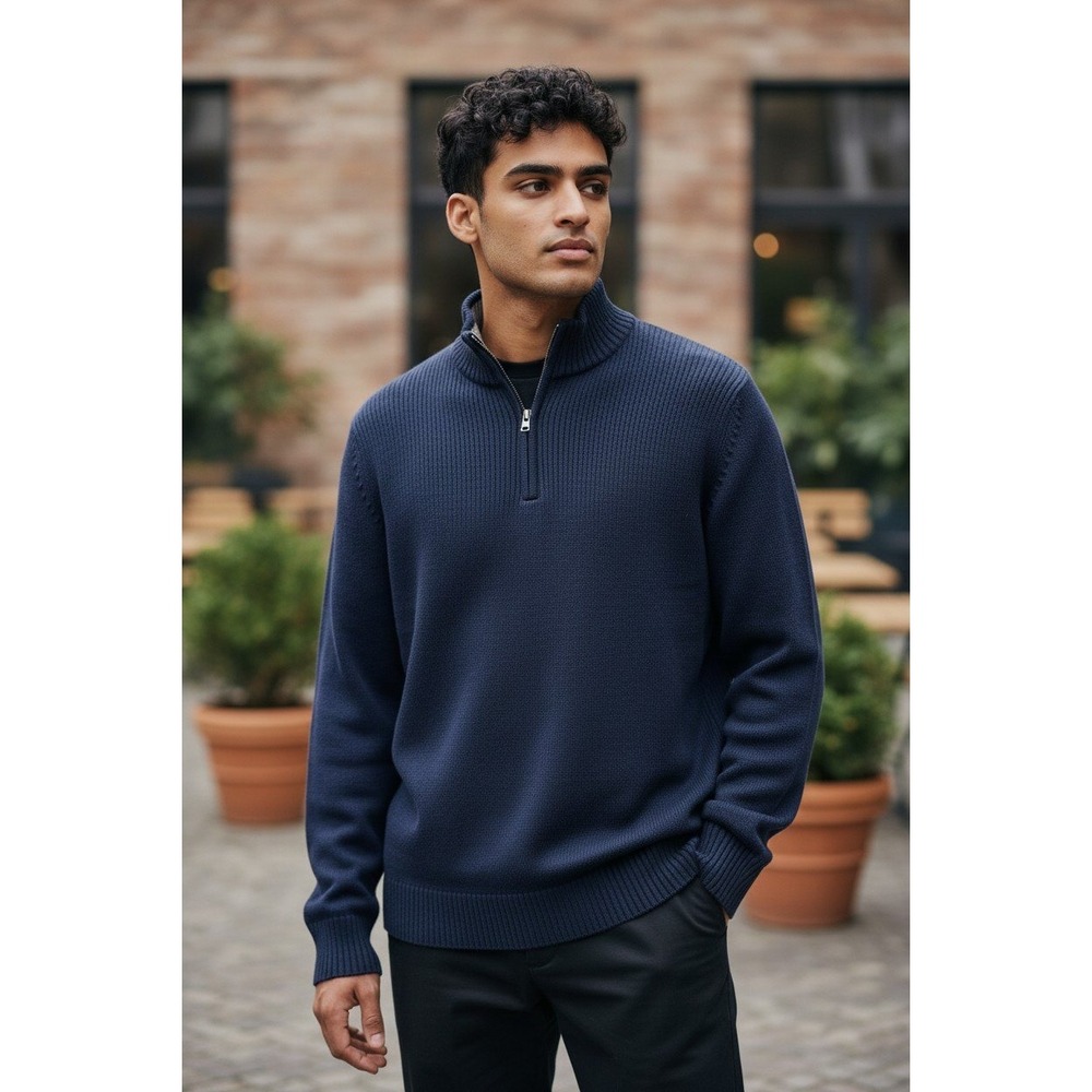 Eddie Bauer Mens Quarter Zip Sweater Navy Blue Mock Neck Knit Pullover Size M